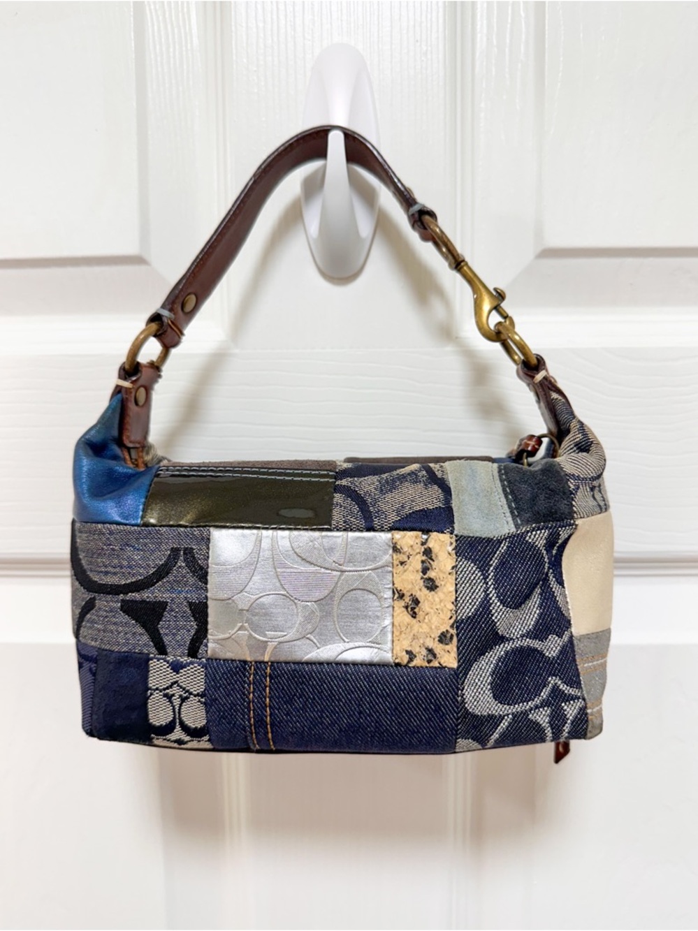 Coach Denim Patchwork Demi Bag Blue Multi Leather Trim Baguette Vintage Y2K - Picture 5 of 14